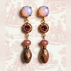 Pink Mystic Fire Opal & Swarovski Flower In Rose Gold Etched Glass Bead Earrings